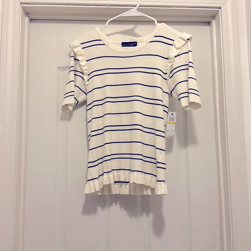 NWT Laundry ivory/black striped ruffled shirt women's sized Medium